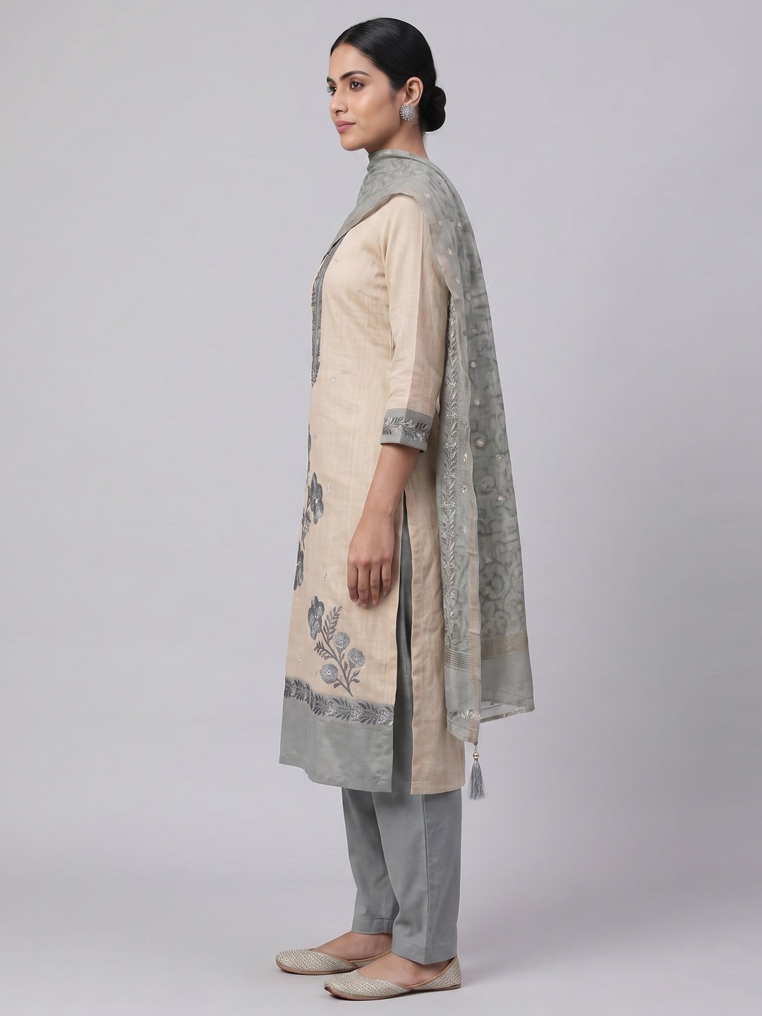 Peachmode Blue Linen Dress Material with Floral Print - Image 3
