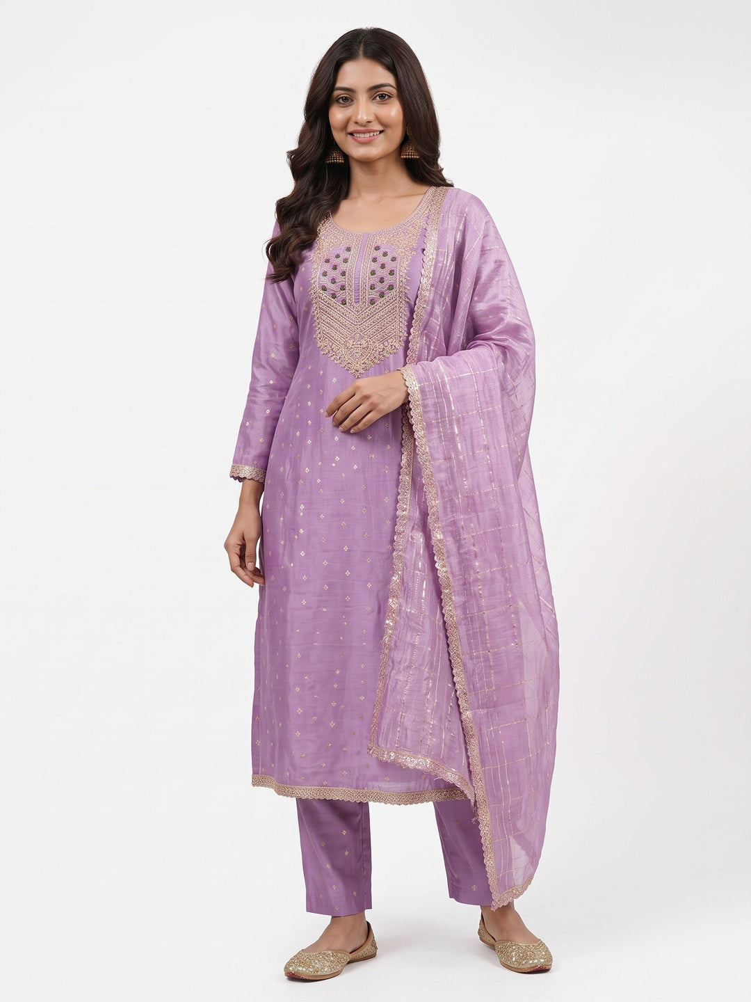 Elegant Purple Jacquard Dress Material with Embroidered Neckline - Image 2