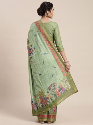 Green Dola Silk Saree With Majestic Elephant & Vibrant Peacock Digital Prints - Image 2