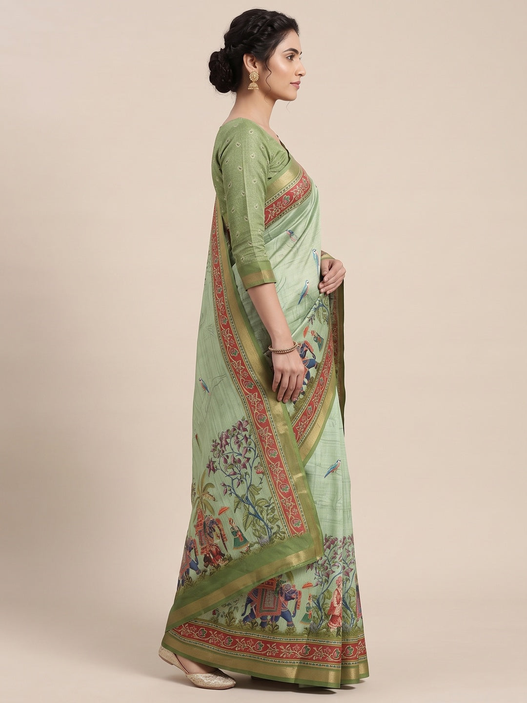 Green Dola Silk Saree With Majestic Elephant & Vibrant Peacock Digital Prints - Image 3