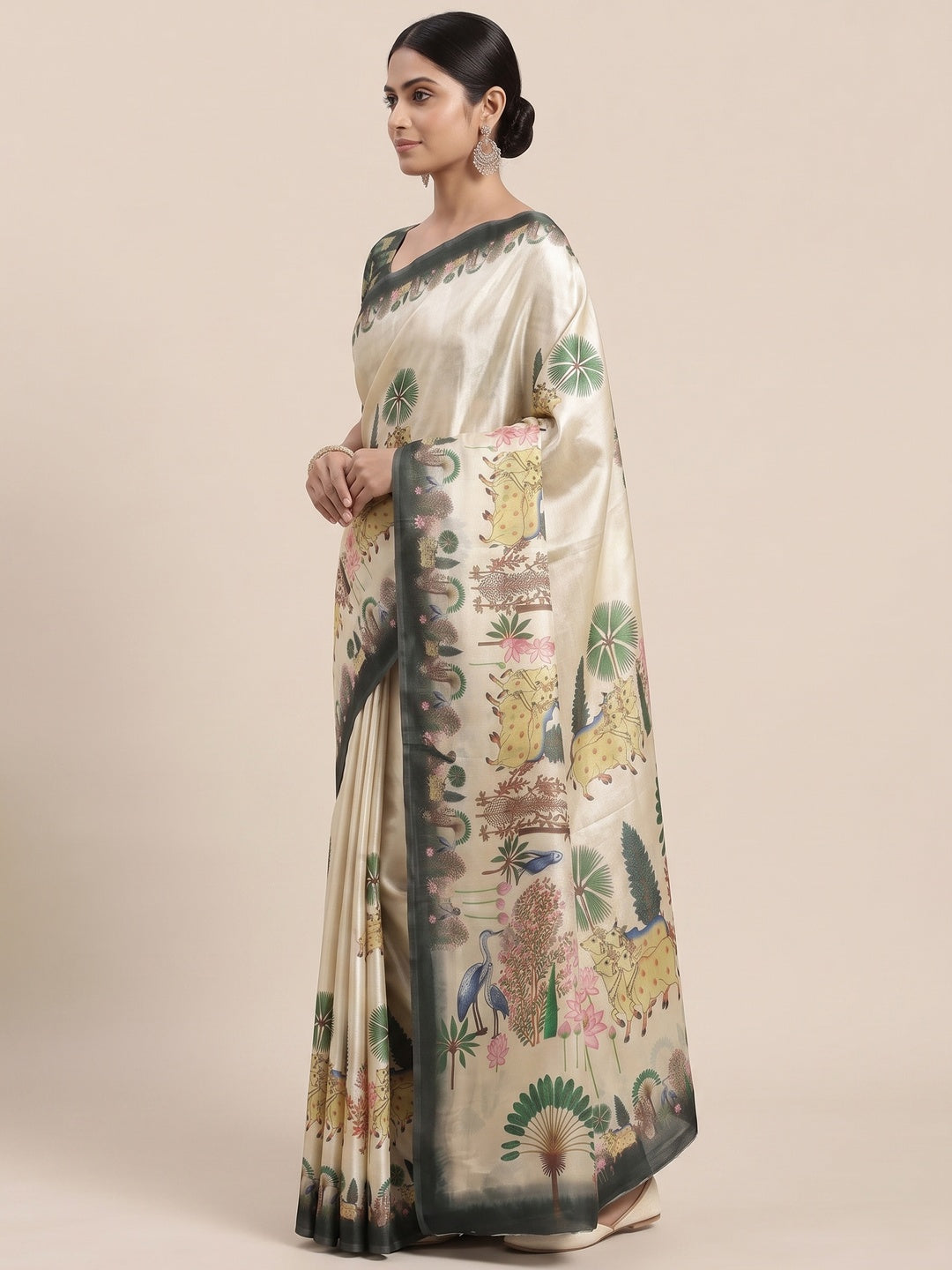 Peachmode Cream Fendi Printed Satin Saree - Image 6