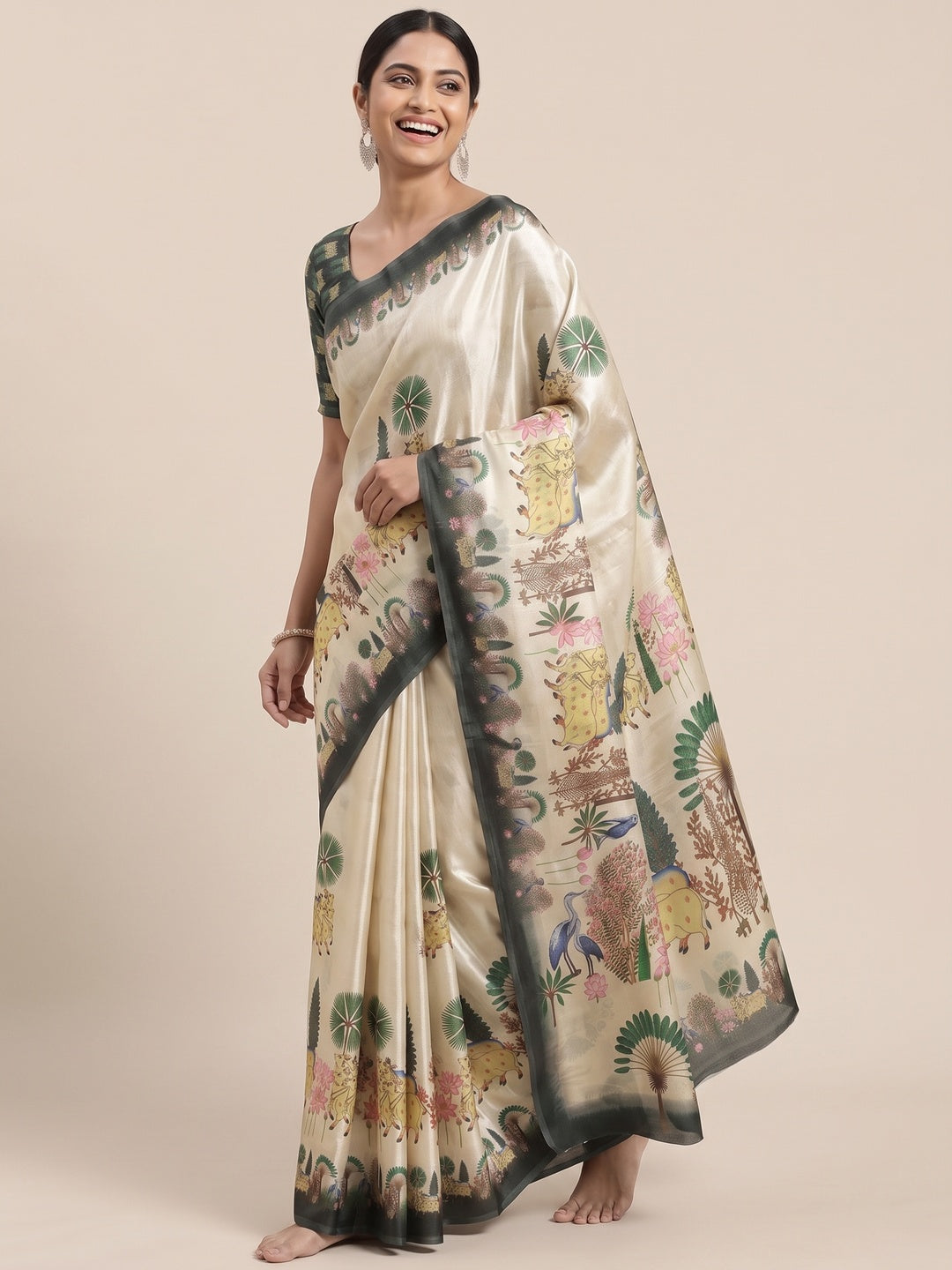 Peachmode Cream Fendi Printed Satin Saree - Image 7