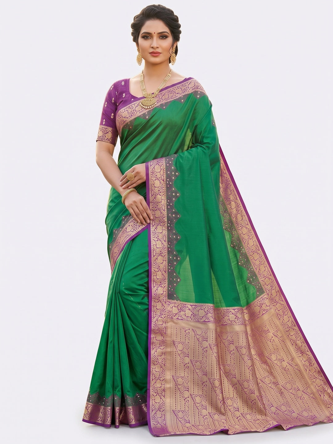 Green Pure Silk Saree with Intricate Woven Border and Comfortable Stitched Blouse Included - Image 2