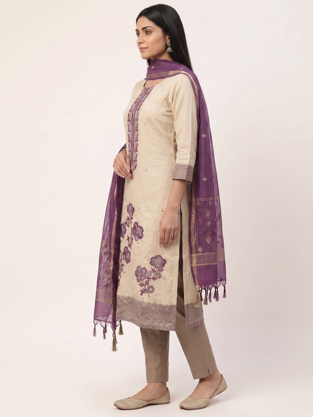 Peachmode Purple Linen Dress Material with Floral Print - Image 3