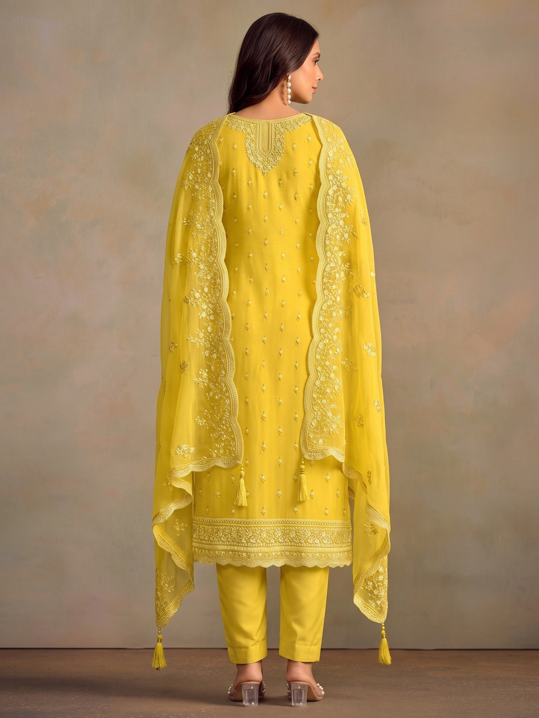 Yellow Floral Sequins Embroidered Organza Semi Stitched Salwar Suit - Image 1
