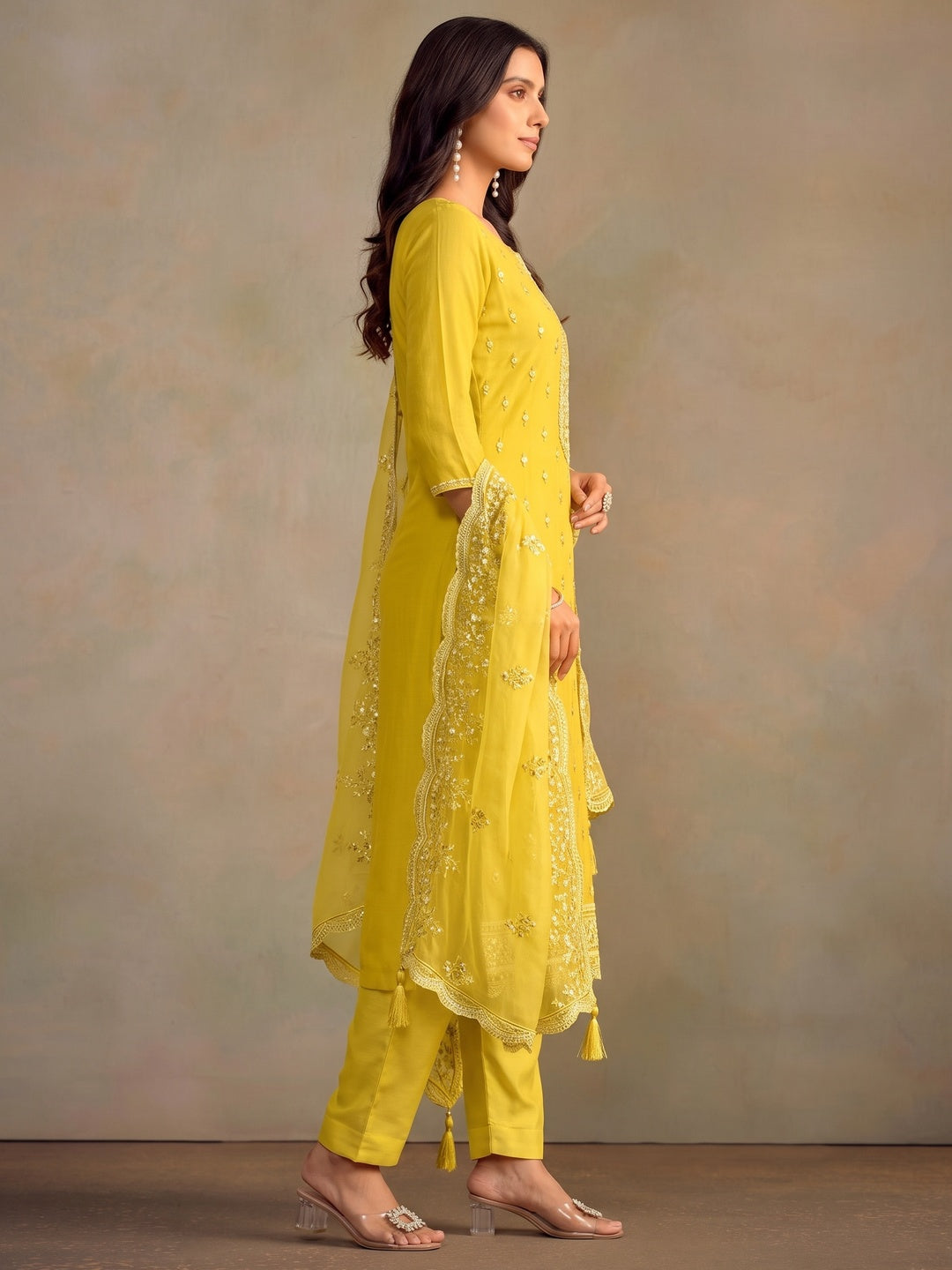 Yellow Floral Sequins Embroidered Organza Semi Stitched Salwar Suit - Image 2