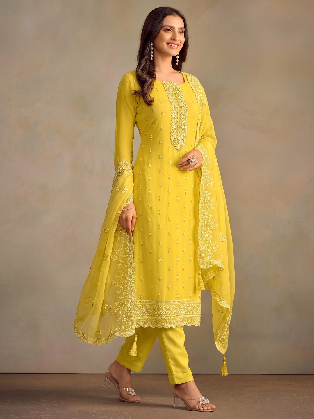 Yellow Floral Sequins Embroidered Organza Semi Stitched Salwar Suit - Image 3