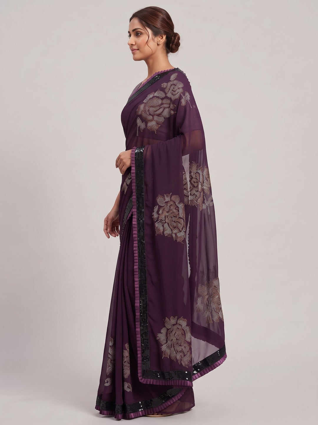 Wine Partywear Embroidered Georgette Saree - Image 3