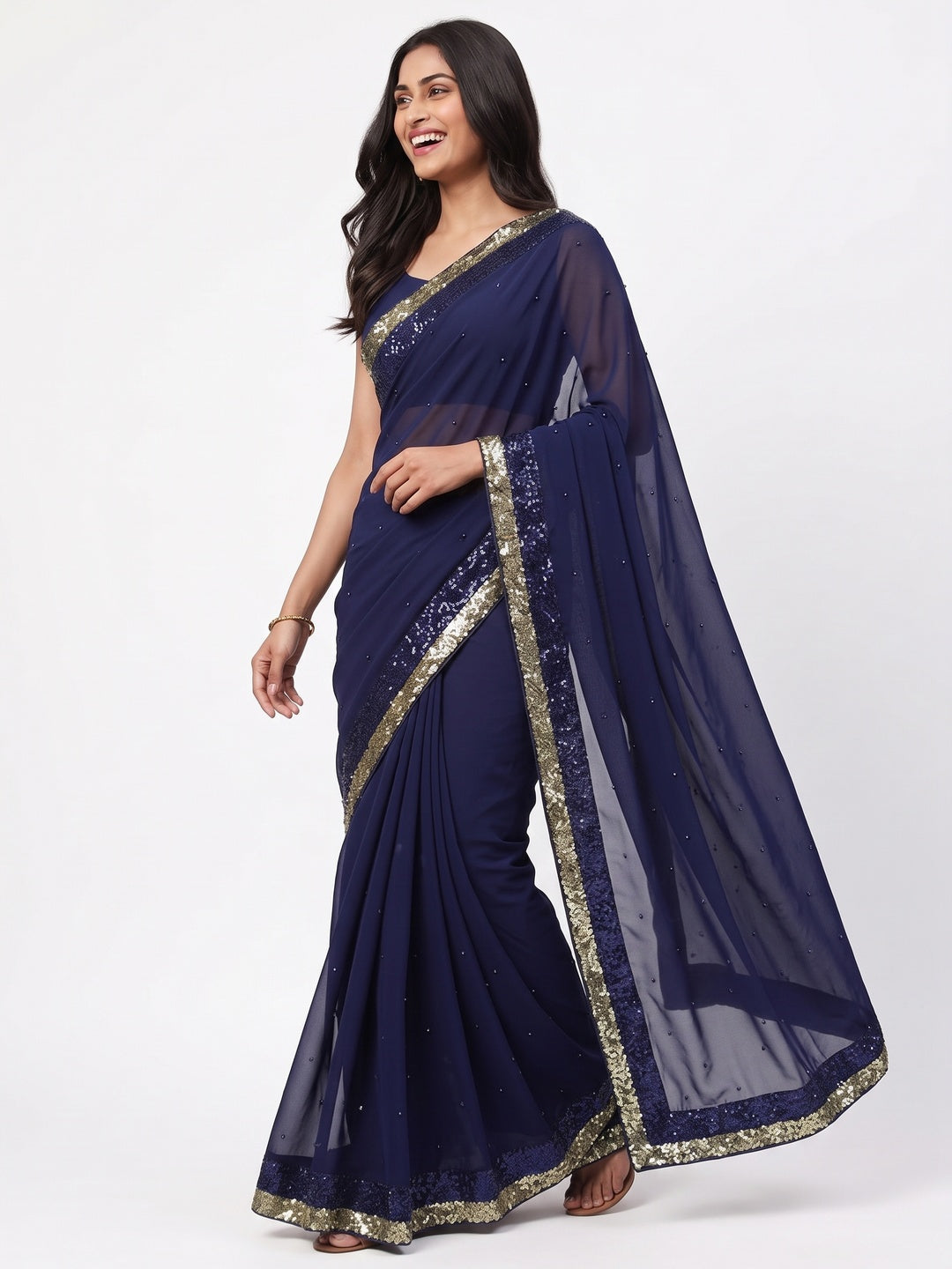 Blue Festive Wear Embellished Georgette Saree - Image 4
