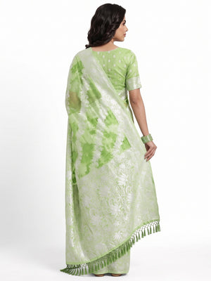 Green Floral Woven Banarasi Silk Saree With Tassels - Image 2