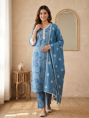 Blue Pure Cotton Printed Salwar Suit Set - Image 1