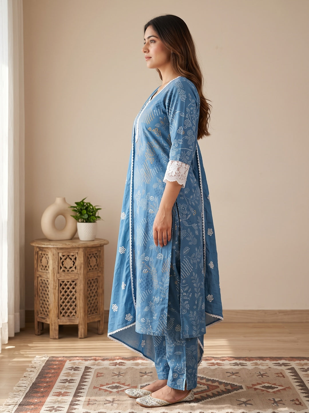 Blue Pure Cotton Printed Salwar Suit Set - Image 2