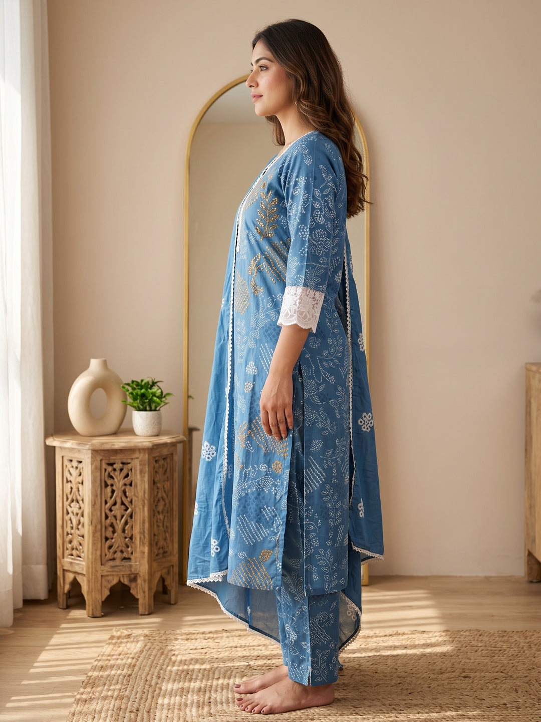 Blue Pure Cotton Printed Salwar Suit Set - Image 3