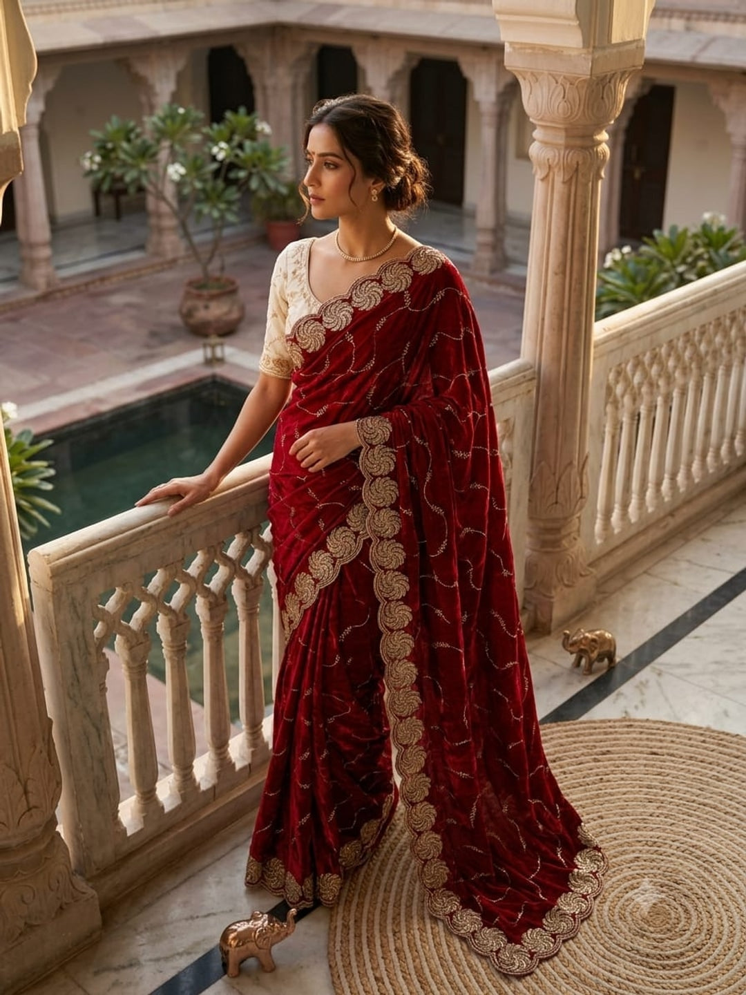 Elegant Red Satin Saree with Exquisite Embellished Border by Peachmode - Image 1