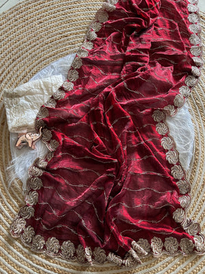 Elegant Red Satin Saree with Exquisite Embellished Border by Peachmode - Image 2