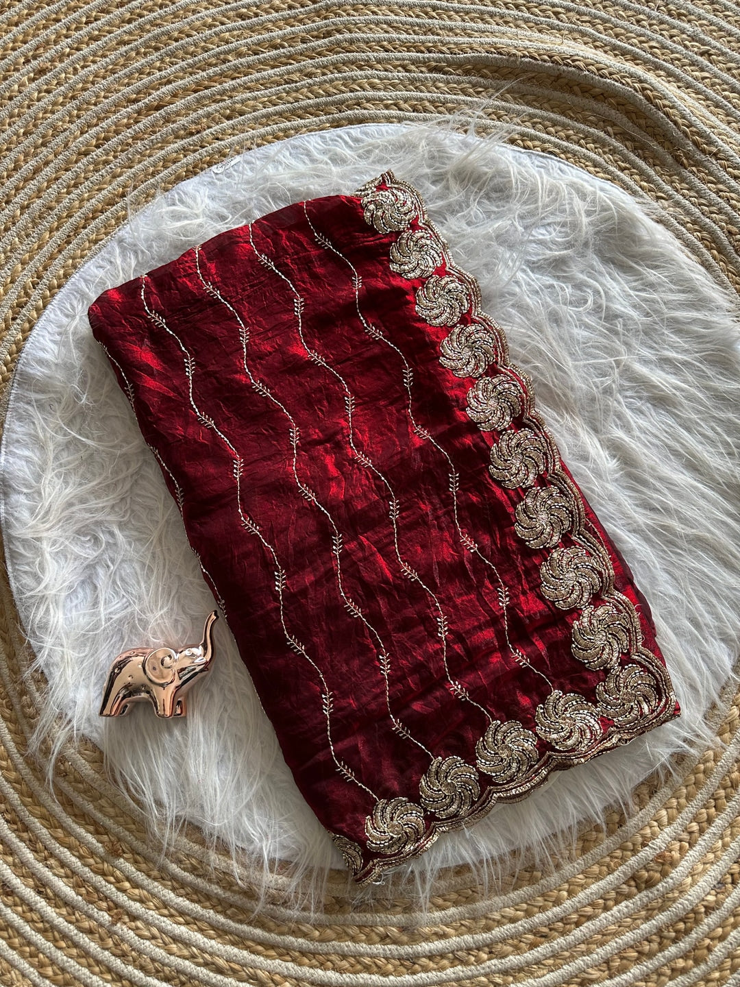 Elegant Red Satin Saree with Exquisite Embellished Border by Peachmode - Image 3