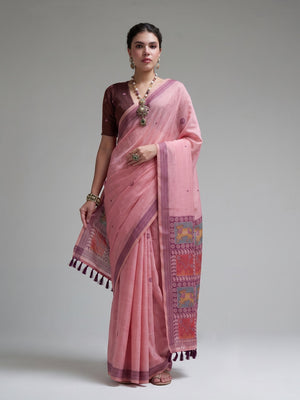 Peachmode Pink Woven Jamdani Cotton Saree - Image 1