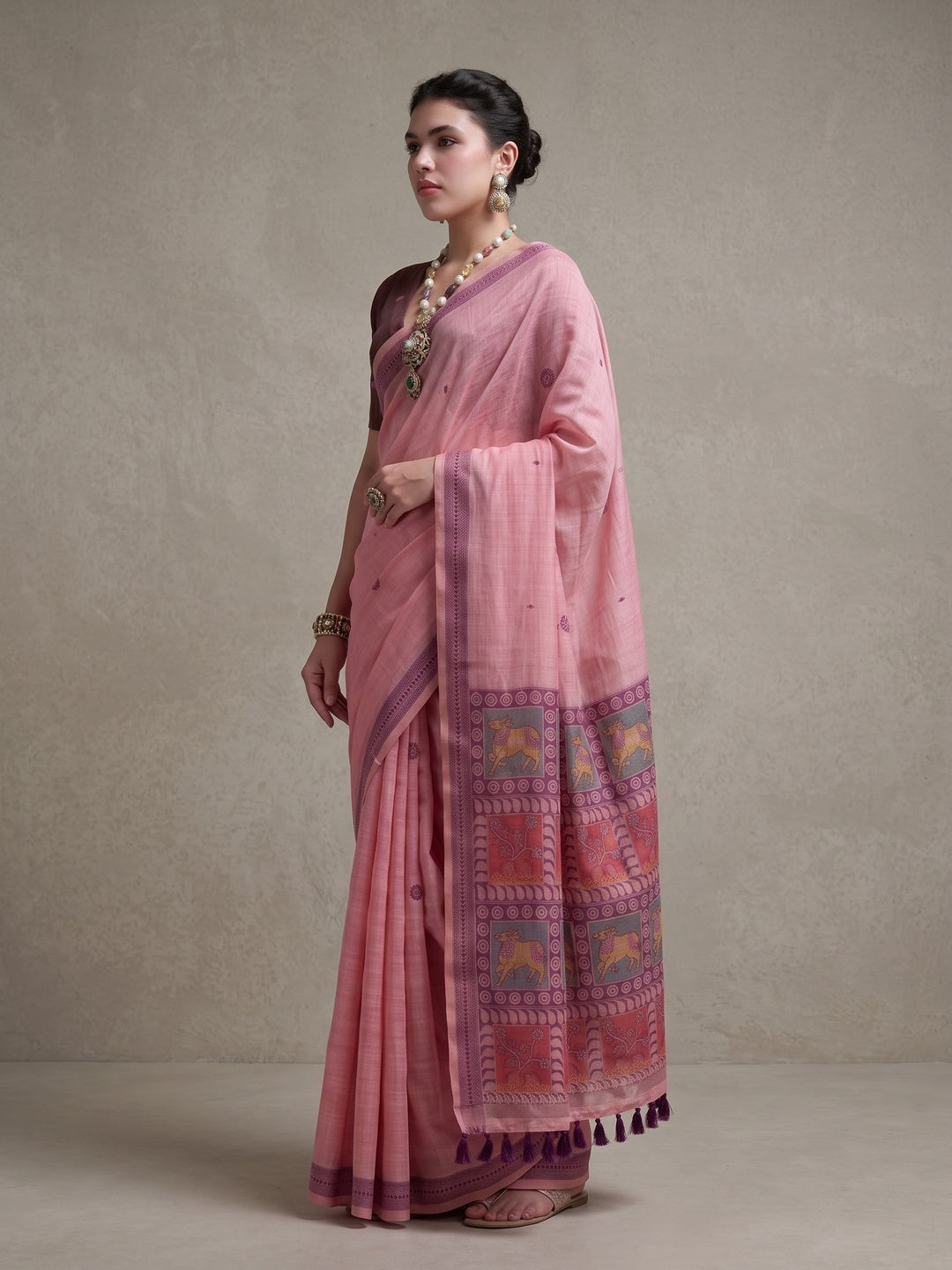 Peachmode Pink Woven Jamdani Cotton Saree - Image 3
