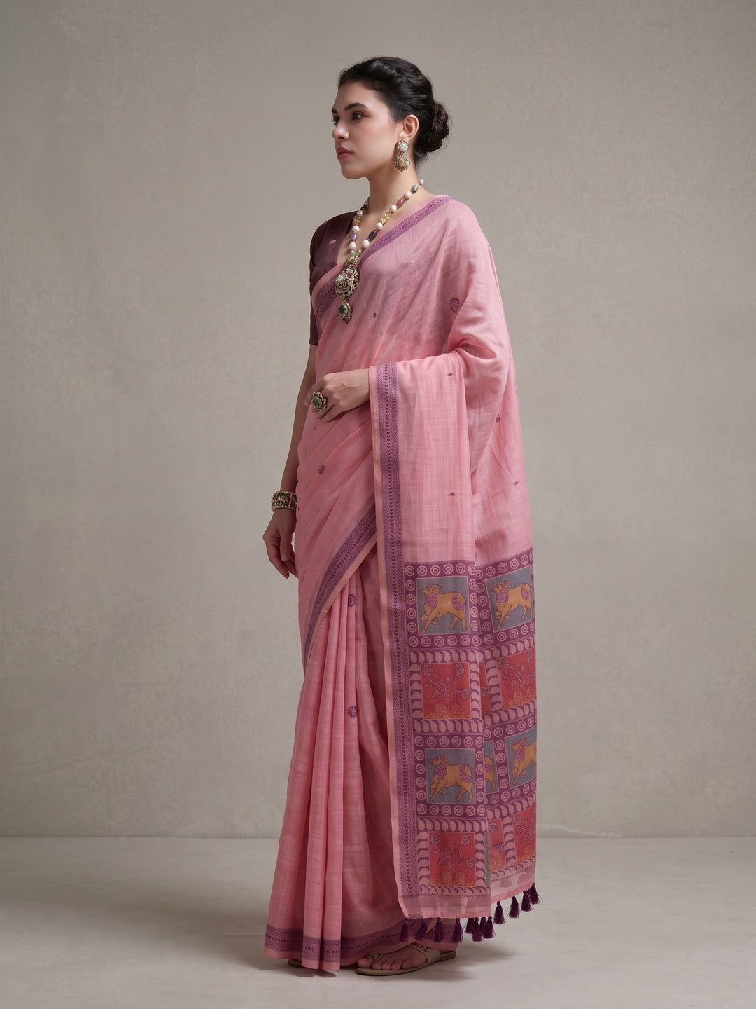 Peachmode Pink Woven Jamdani Cotton Saree - Image 4