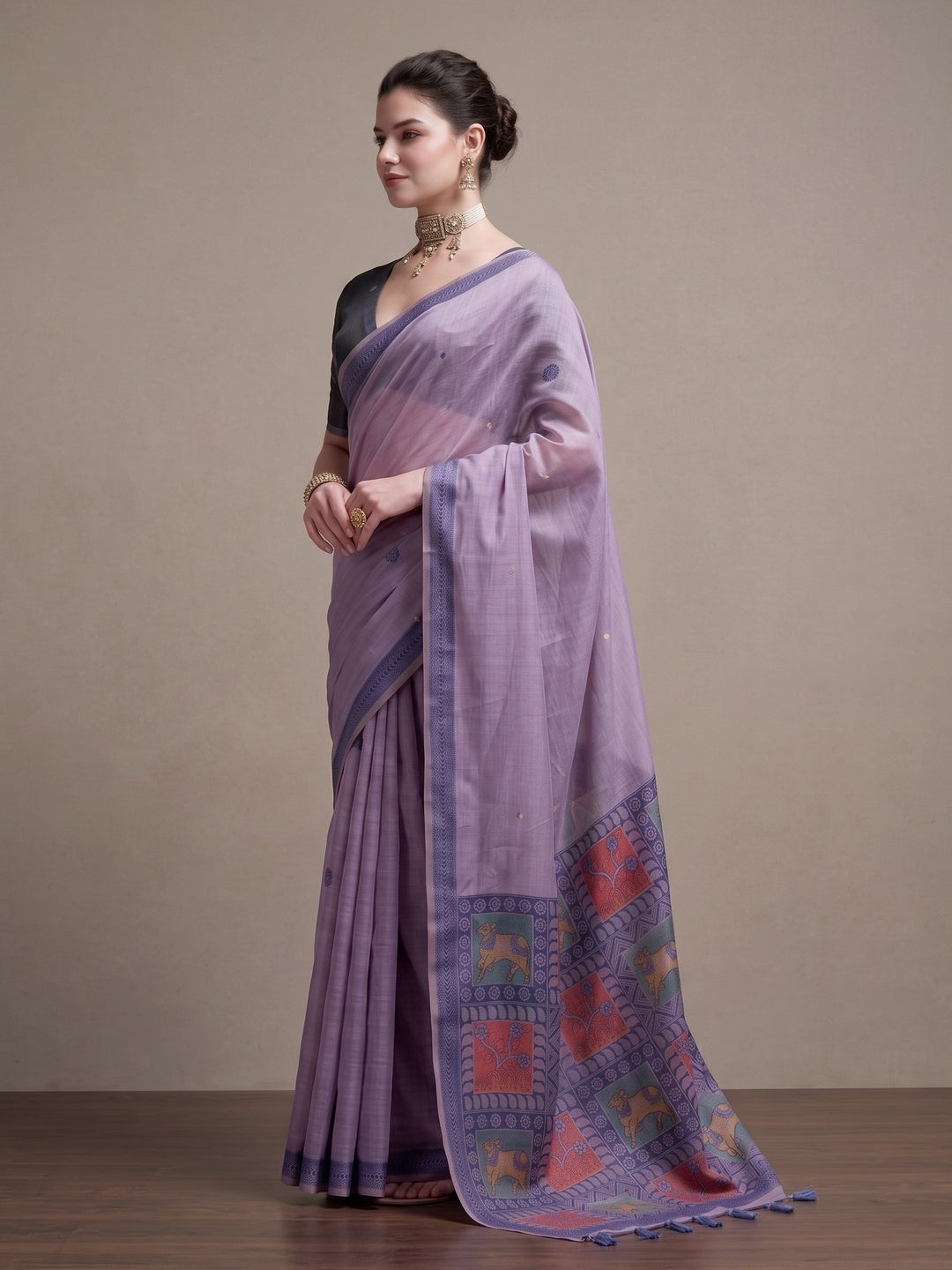 Peachmode Lavender Woven Jamdani Cotton Saree - Image 3