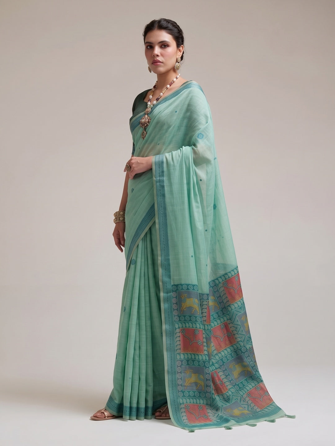 Peachmode Mint Green Woven Jamdani Cotton Saree - Image 4