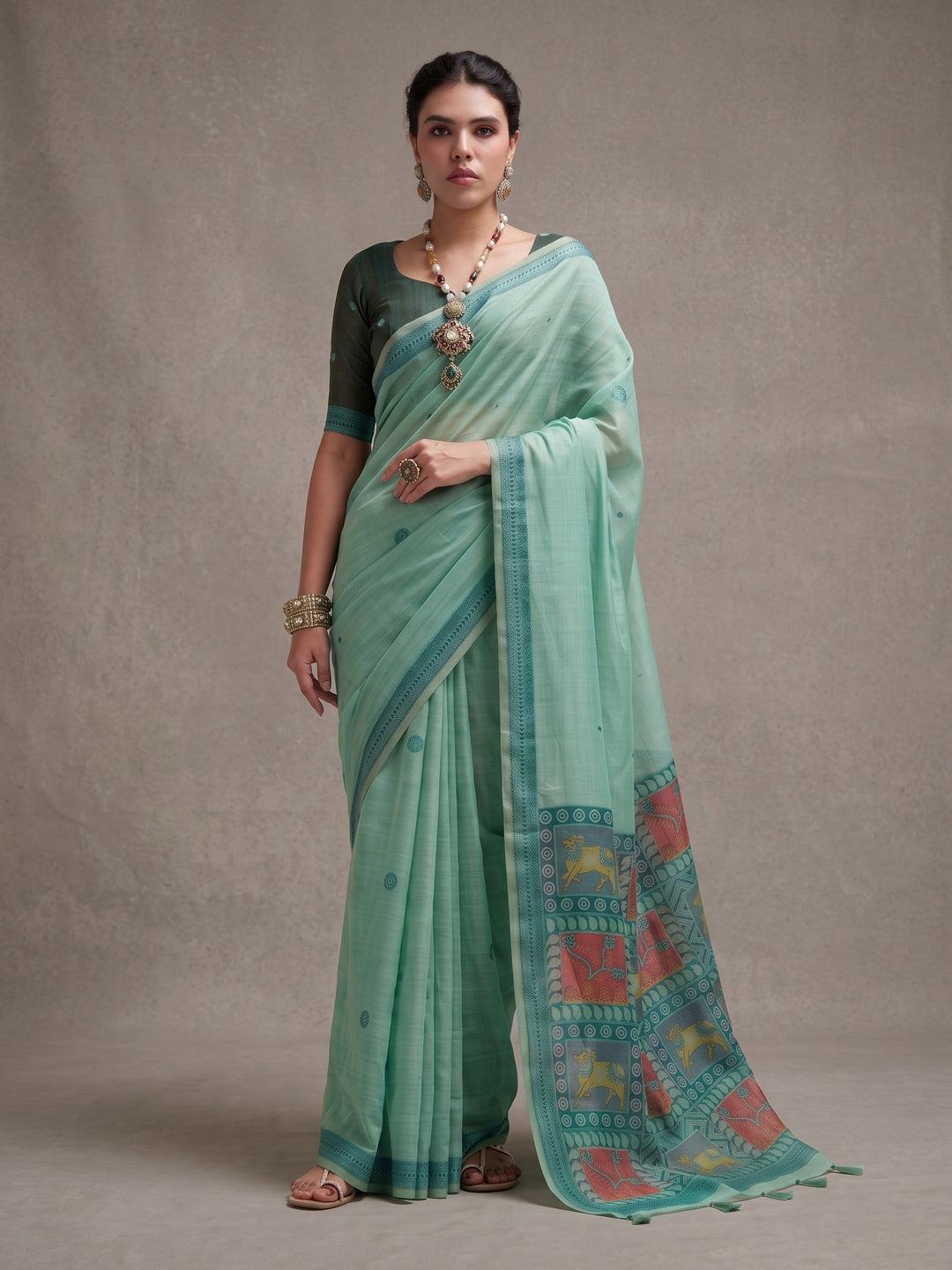 Peachmode Mint Green Woven Jamdani Cotton Saree - Image 5