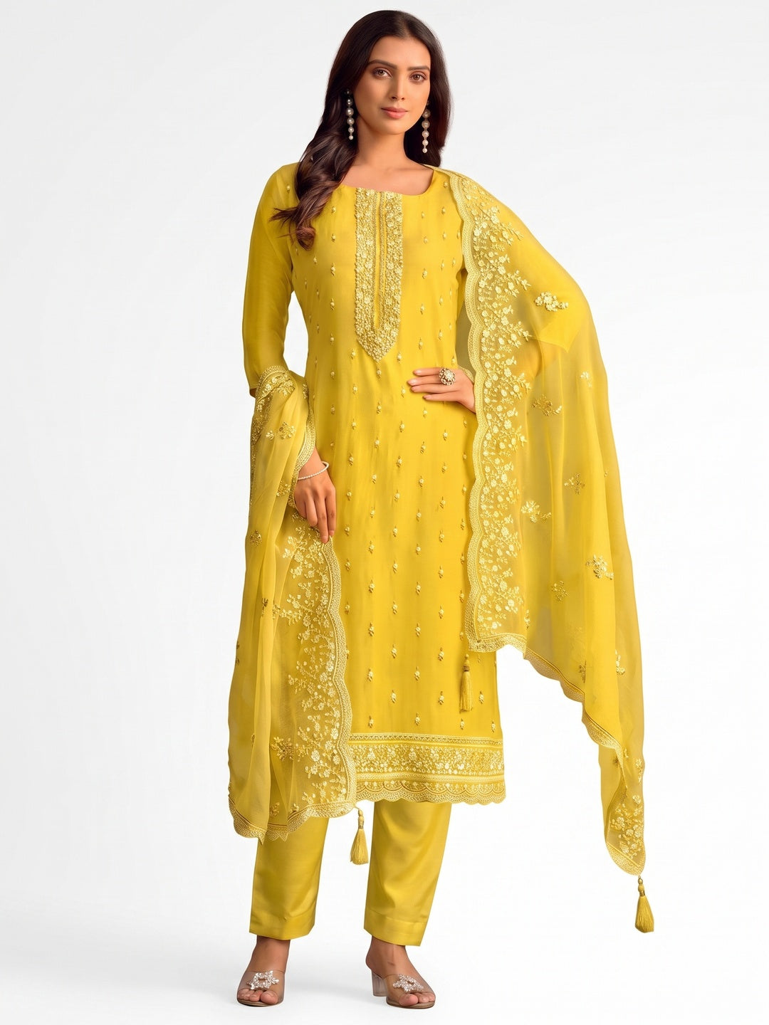 Yellow Floral Sequins Embroidered Organza Semi Stitched Salwar Suit - Image 4