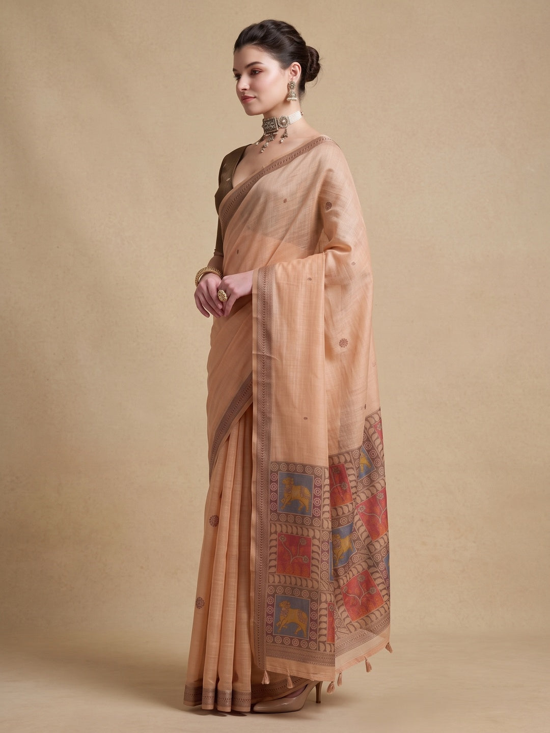 Peachmode Peach Woven Jamdani Cotton Saree - Image 4