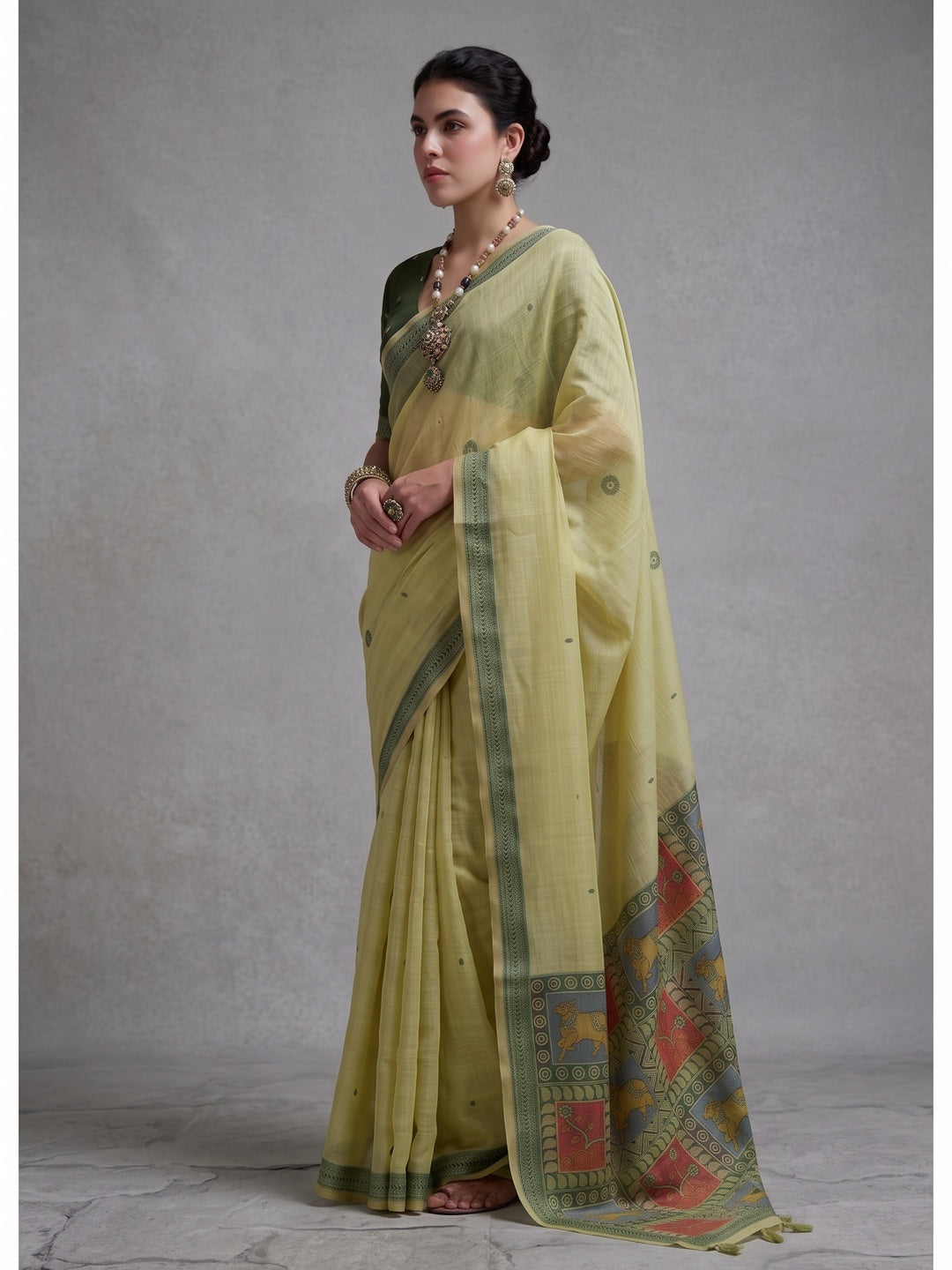 Peachmode Lime Green Woven Jamdani Cotton Saree - Image 3