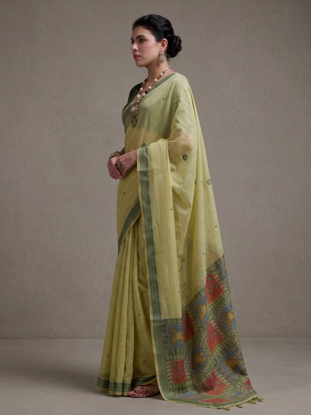 Peachmode Lime Green Woven Jamdani Cotton Saree - Image 4