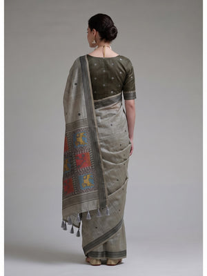 Peachmode Grey Woven Jamdani Cotton Saree - Image 2
