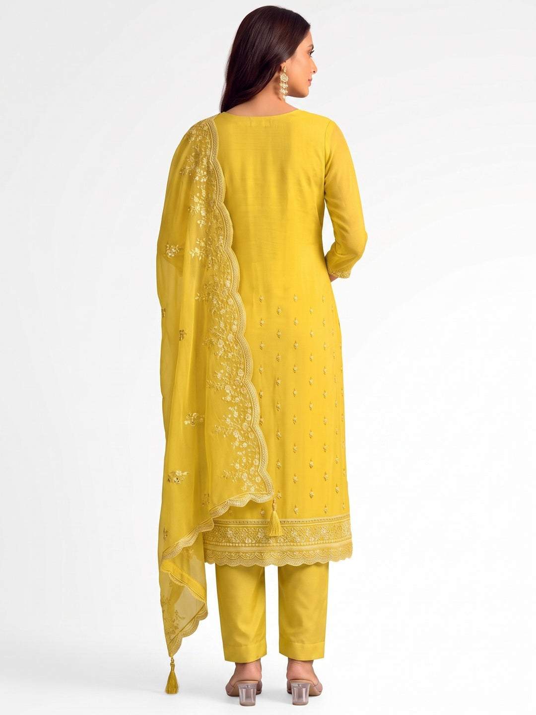 Yellow Floral Sequins Embroidered Organza Semi Stitched Salwar Suit - Image 5
