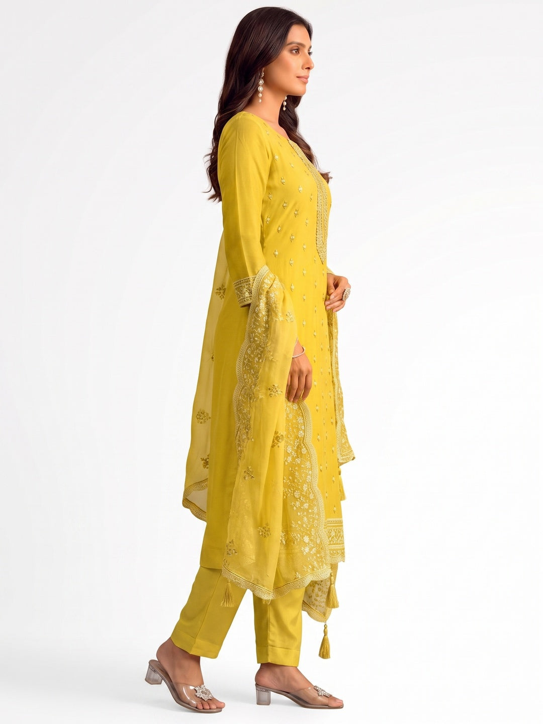 Yellow Floral Sequins Embroidered Organza Semi Stitched Salwar Suit - Image 6