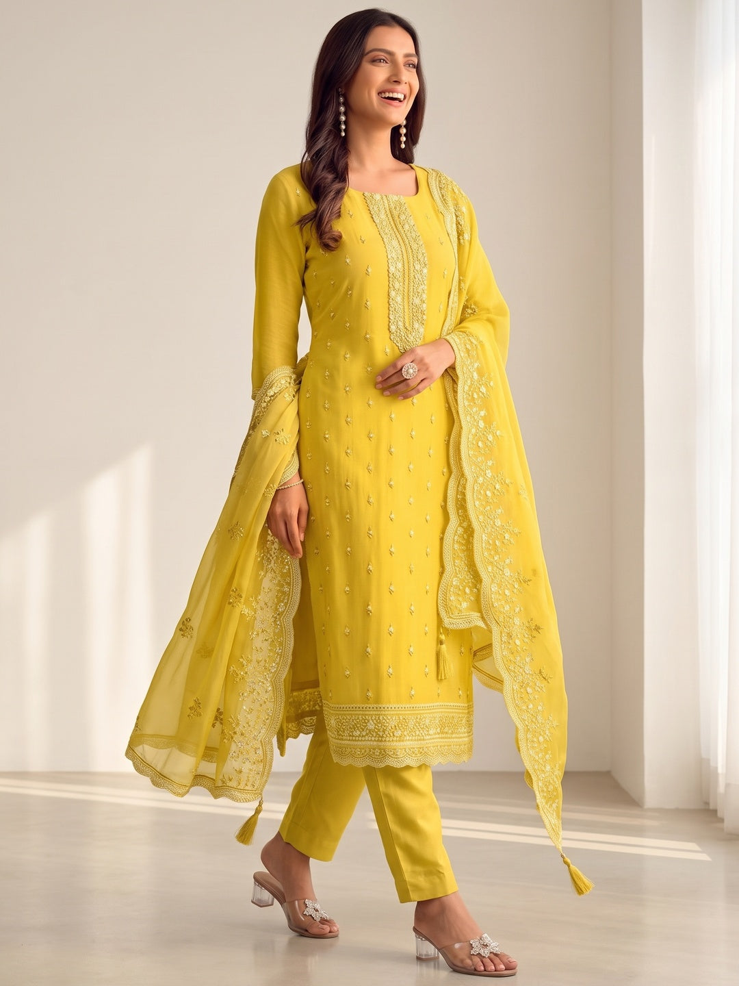 Yellow Floral Sequins Embroidered Organza Semi Stitched Salwar Suit - Image 7