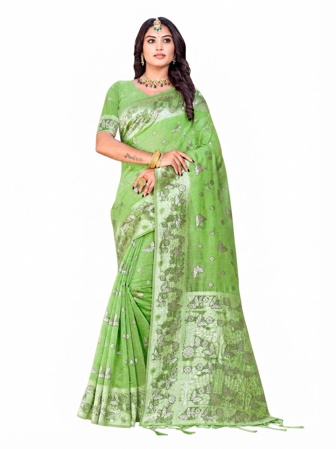 Peachmode Green Cotton Blend Aarohi cotton Saree - Image 5