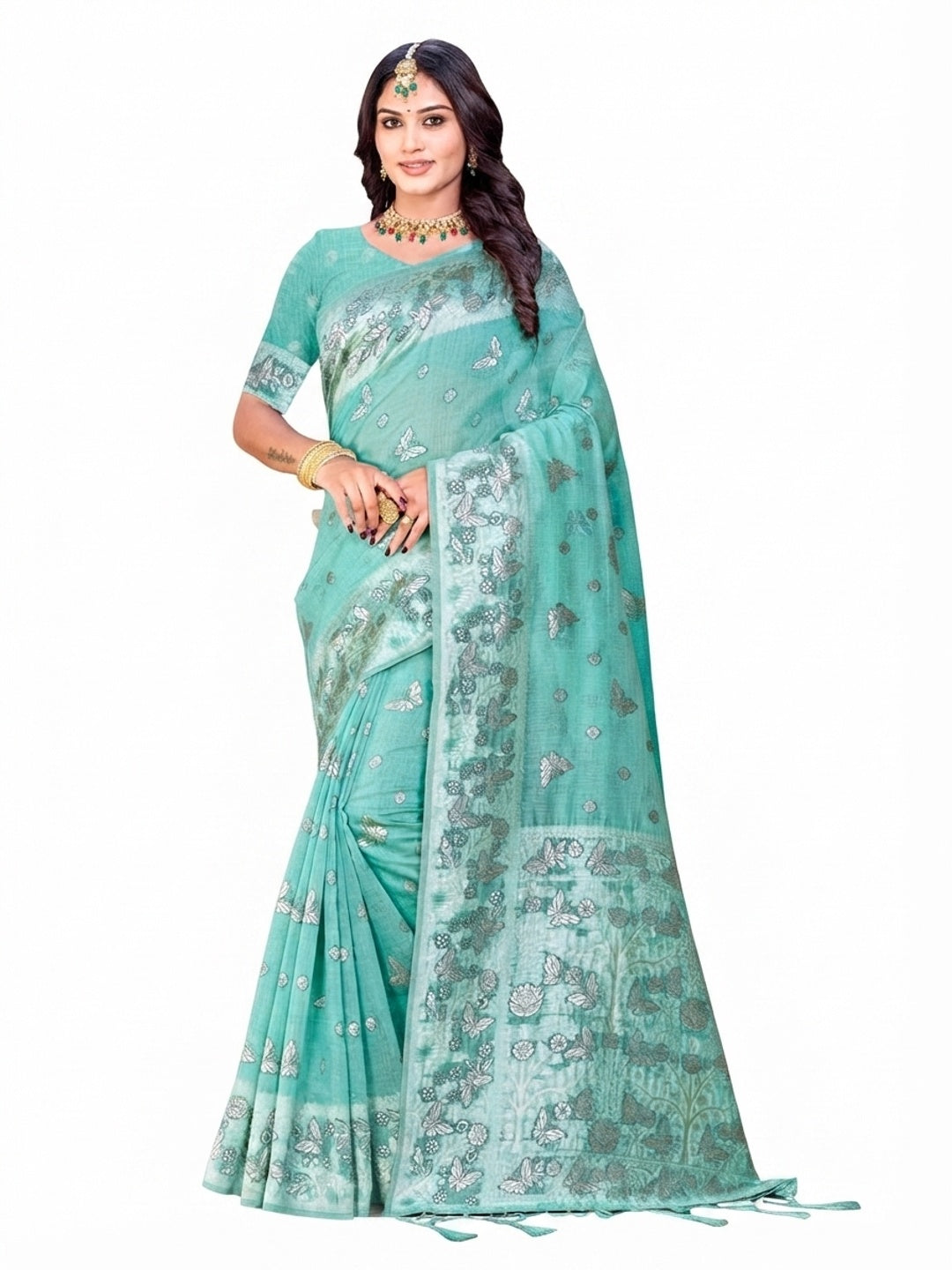 Peachmode Aqua Blue Cotton Blend Aarohi cotton Saree - Image 5