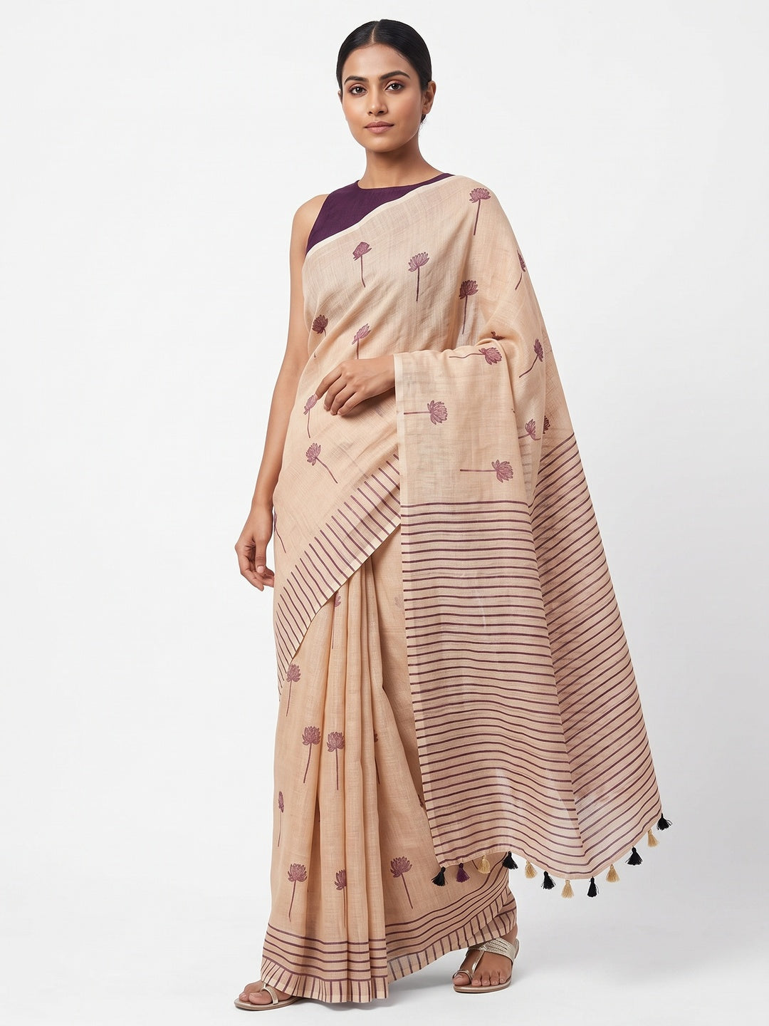 Beige Floral Print Saree in Breathable Pure Linen Fabric - Image 1