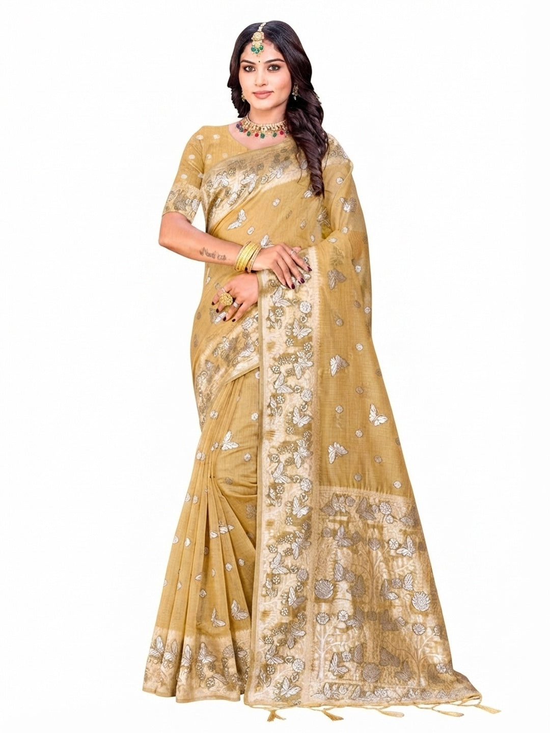 Peachmode Yellow Cotton Blend Aarohi cotton Saree - Image 5