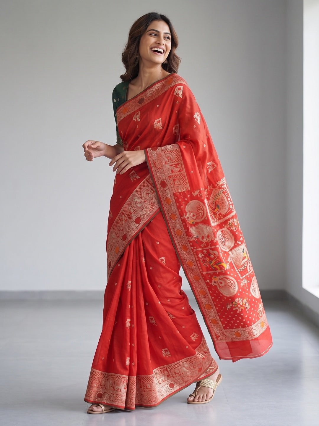 Red Lightweight Muslin Soft Saree Beautified with Classic Meenakari Zari Weaves - Image 4