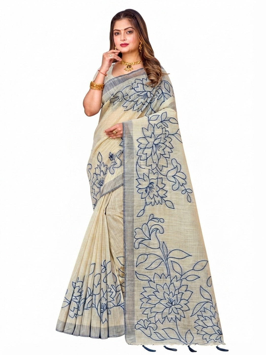 Peachmode Navy Blue Cotton Blend Aarika Cotton Saree - Image 6