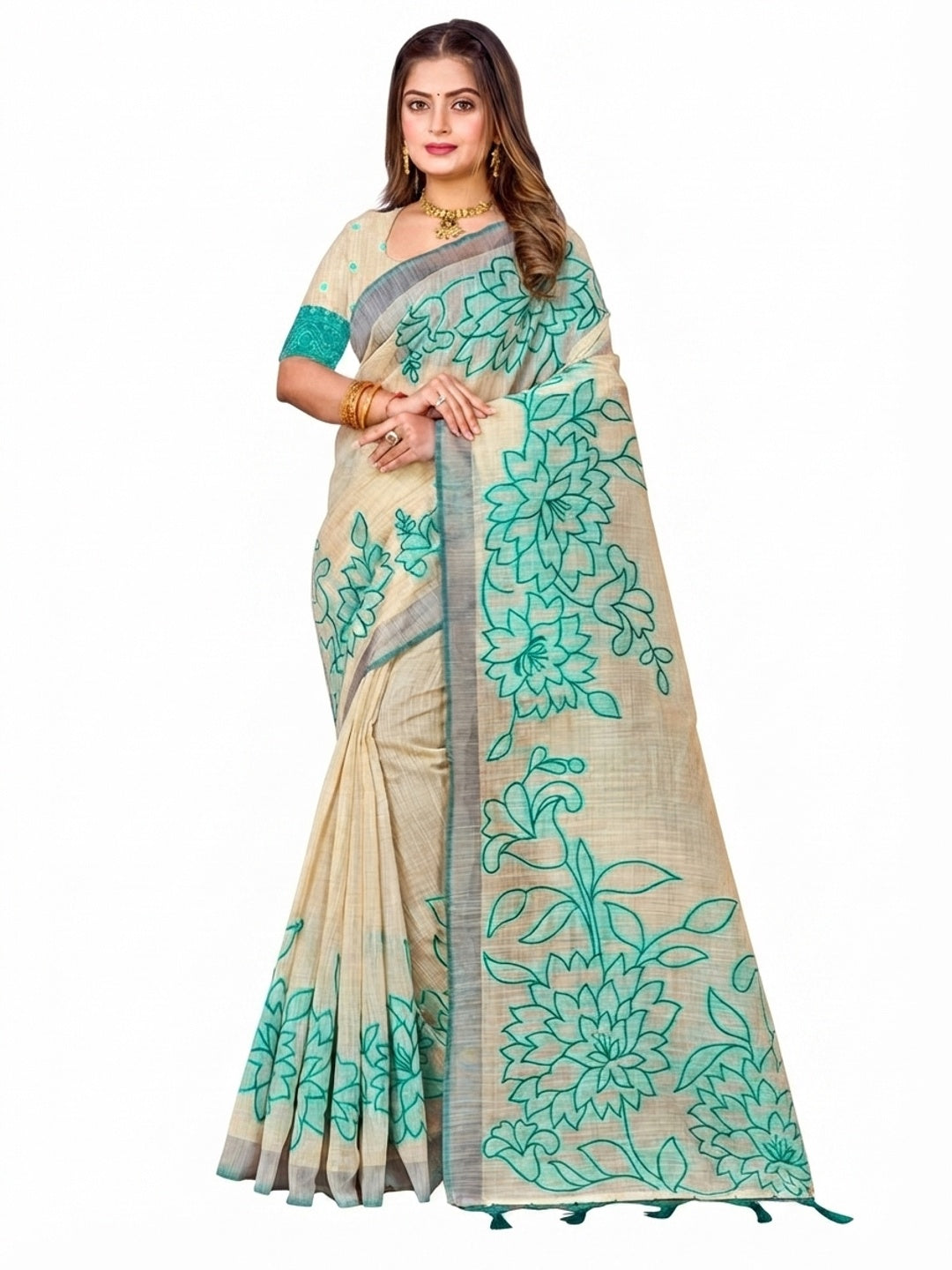 Peachmode Aqua Green Cotton Blend Aarika Cotton new_2 Saree - Image 6