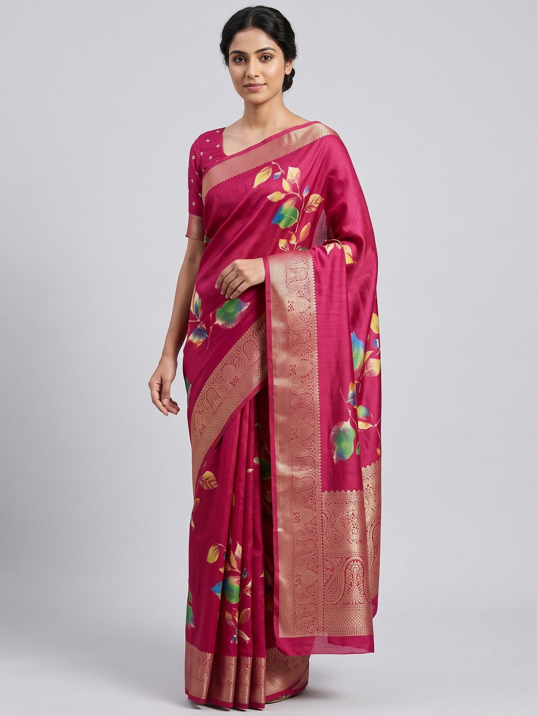 Pink Floral Printed Dola Silk Saree - Image 1