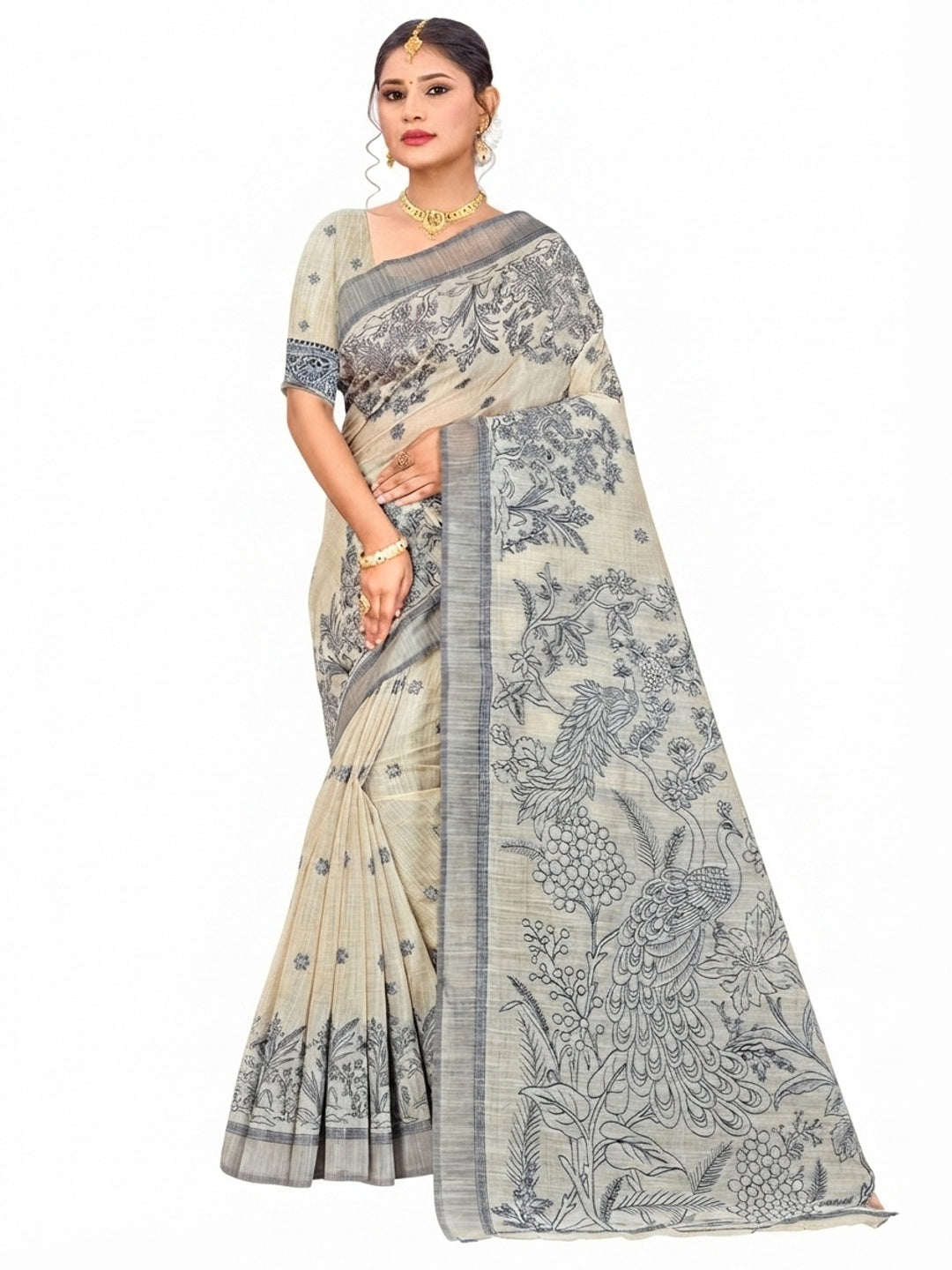Peachmode Grey Cotton Blend Aarika Cotton Saree - Image 6