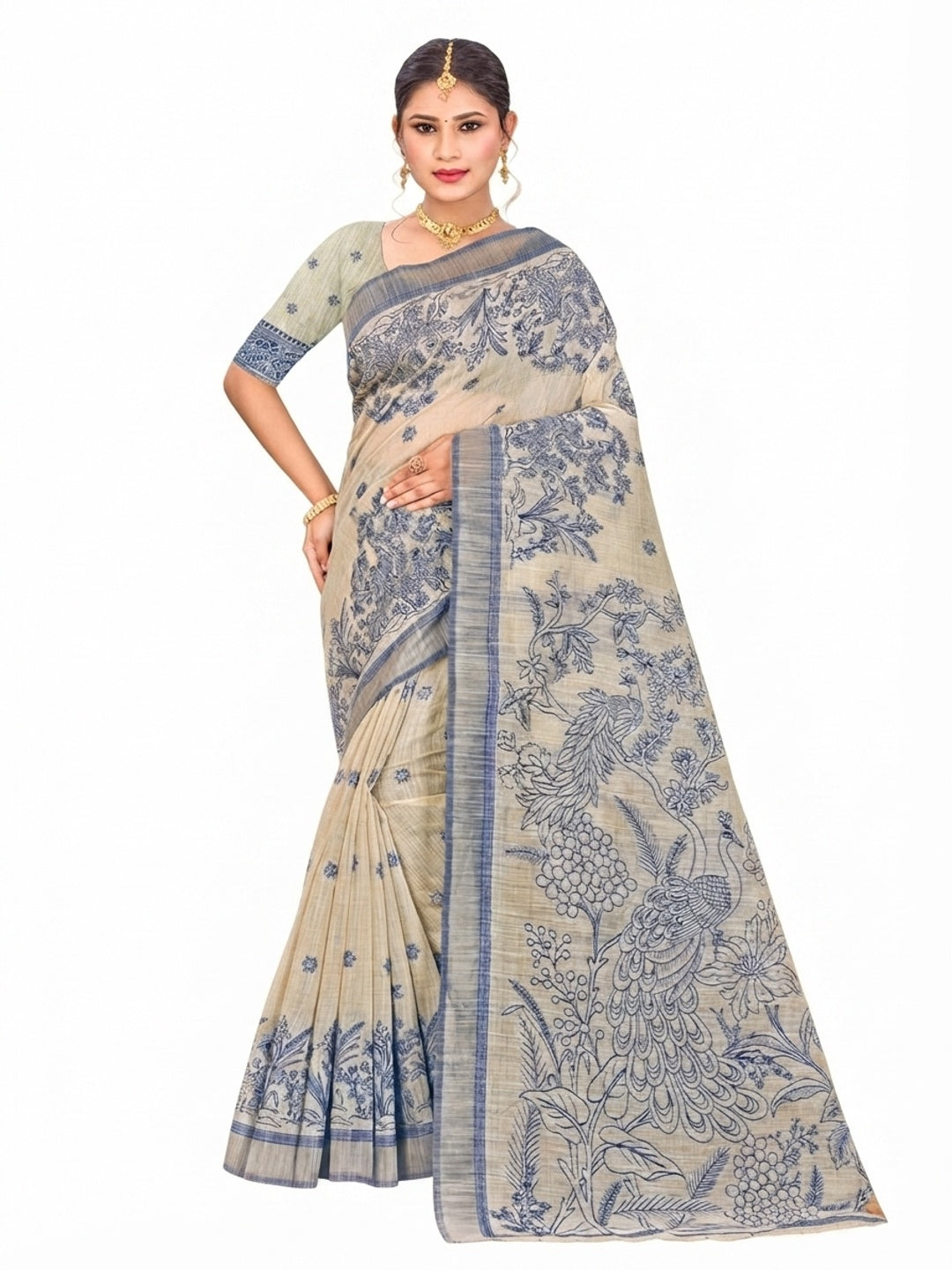 Peachmode Navy Blue Cotton Blend Aarika Cotton Saree - Image 6