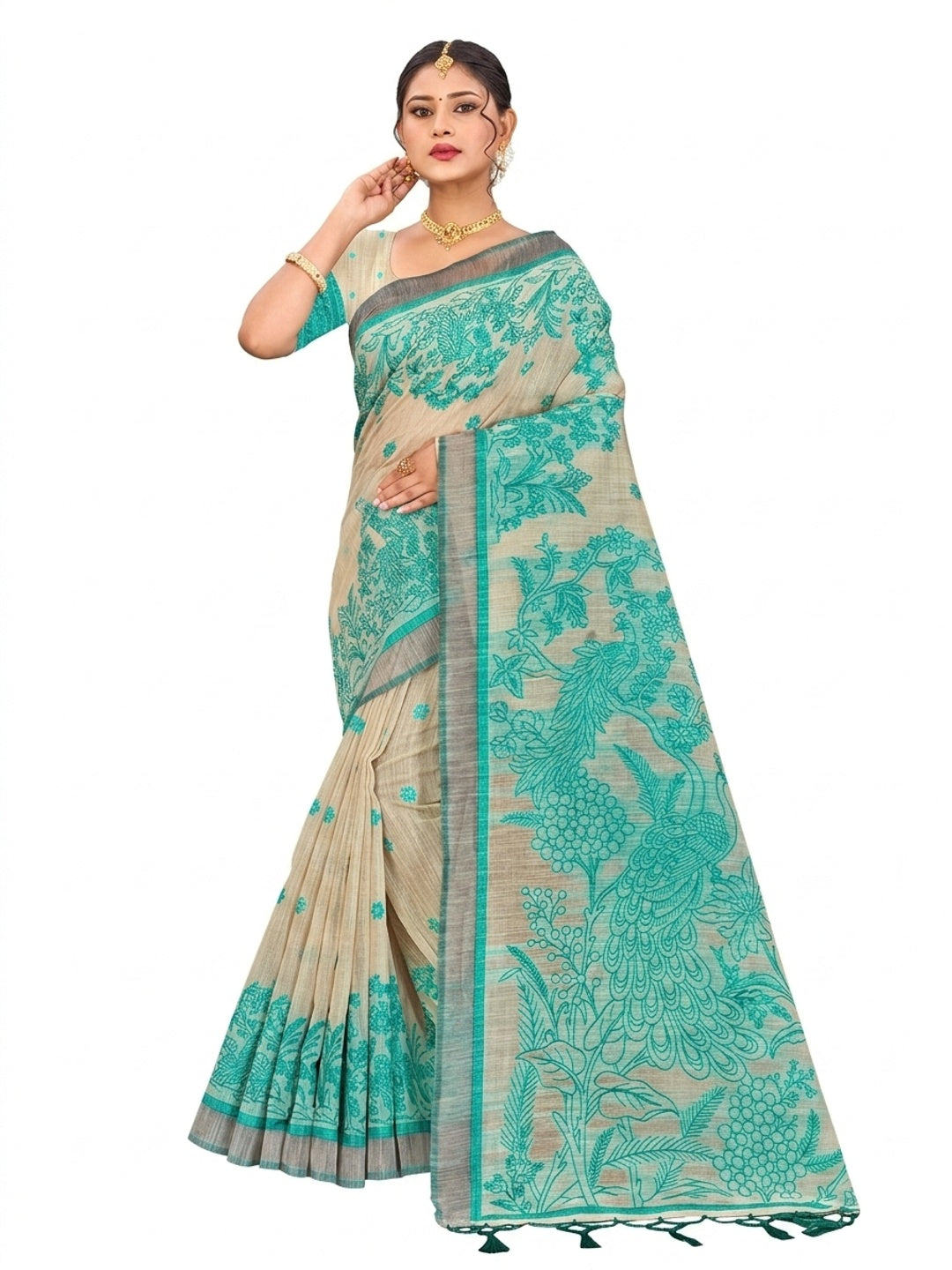 Peachmode Green Cotton Blend Aarika Cotton Saree - Image 6