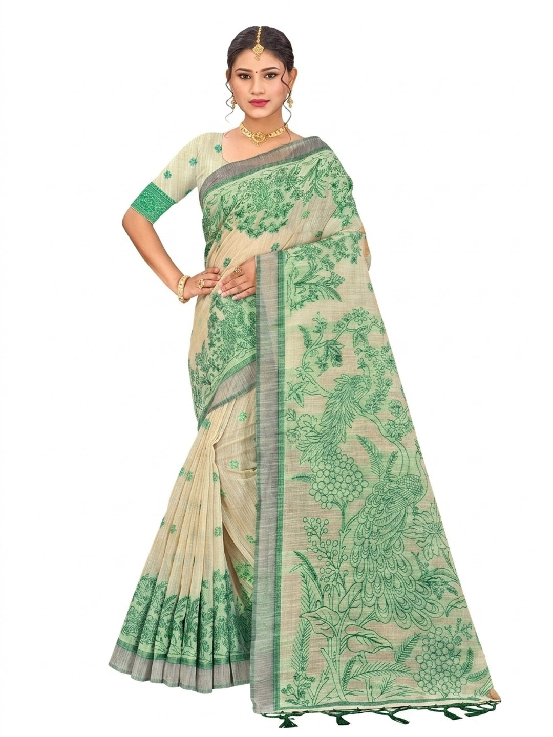 Peachmode Green Cotton Blend Aarika Cotton Saree - Image 6