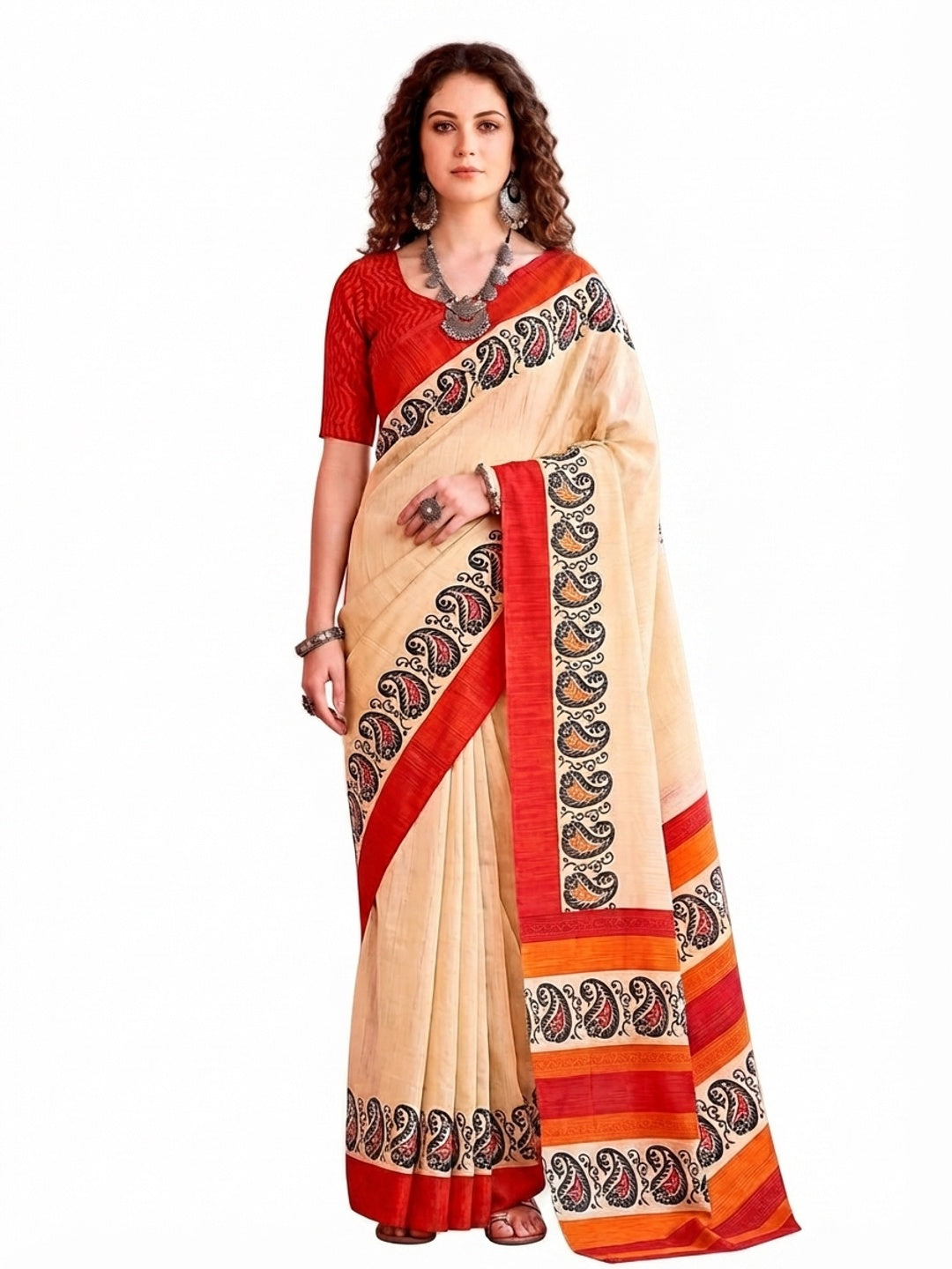 Peachmode Cream Cotton Blend Aaradhya Saree - Image 6