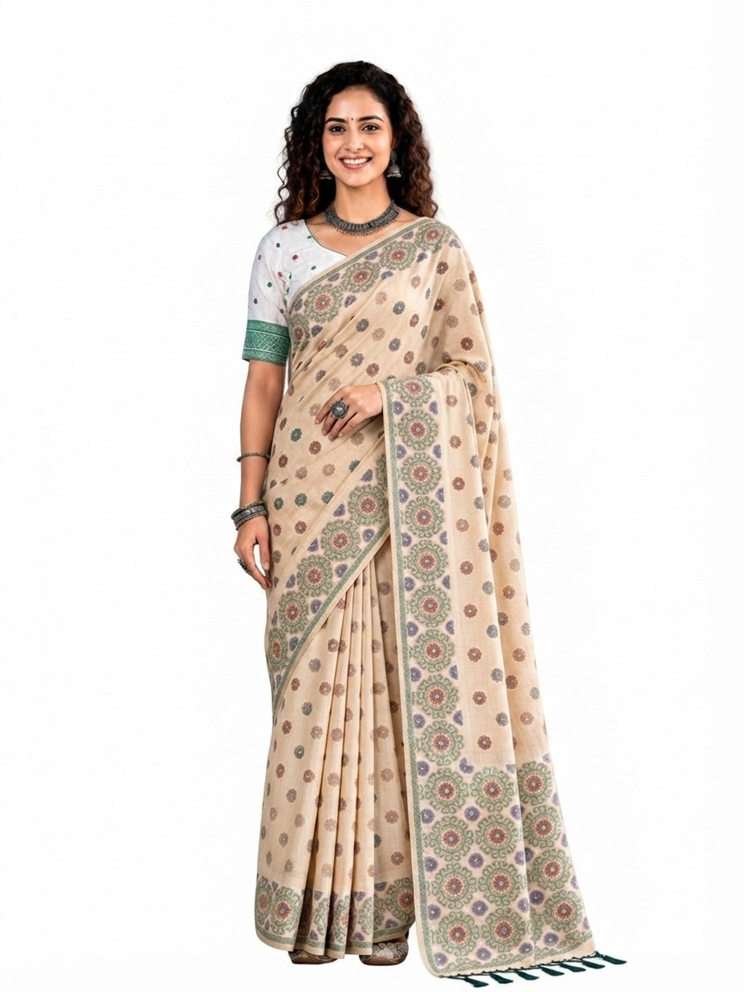 Peachmode Beige Cotton Blend Aananya Saree - Image 6