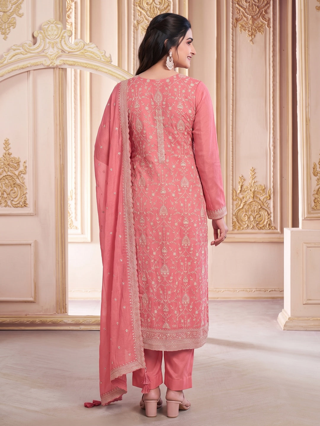 Peach Embroidered With Diamond Work Chinon Silk Semi Stitched Suit - Image 1
