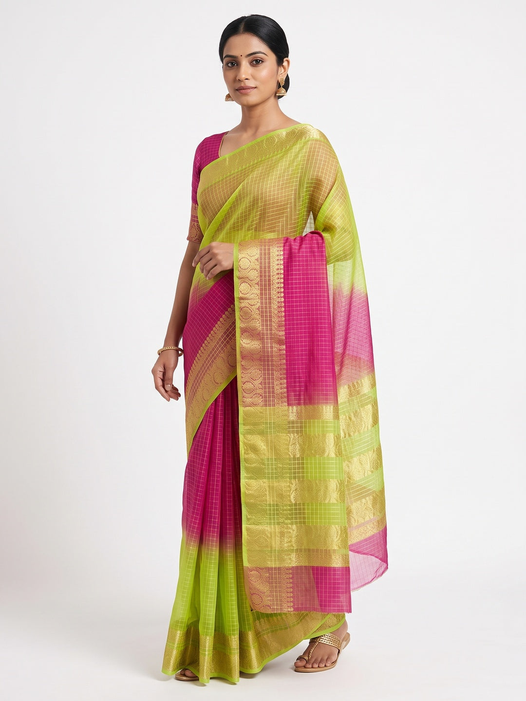 Classic Green & Pink Kerala Inspired Checked Weaving Organza Saree - Image 1
